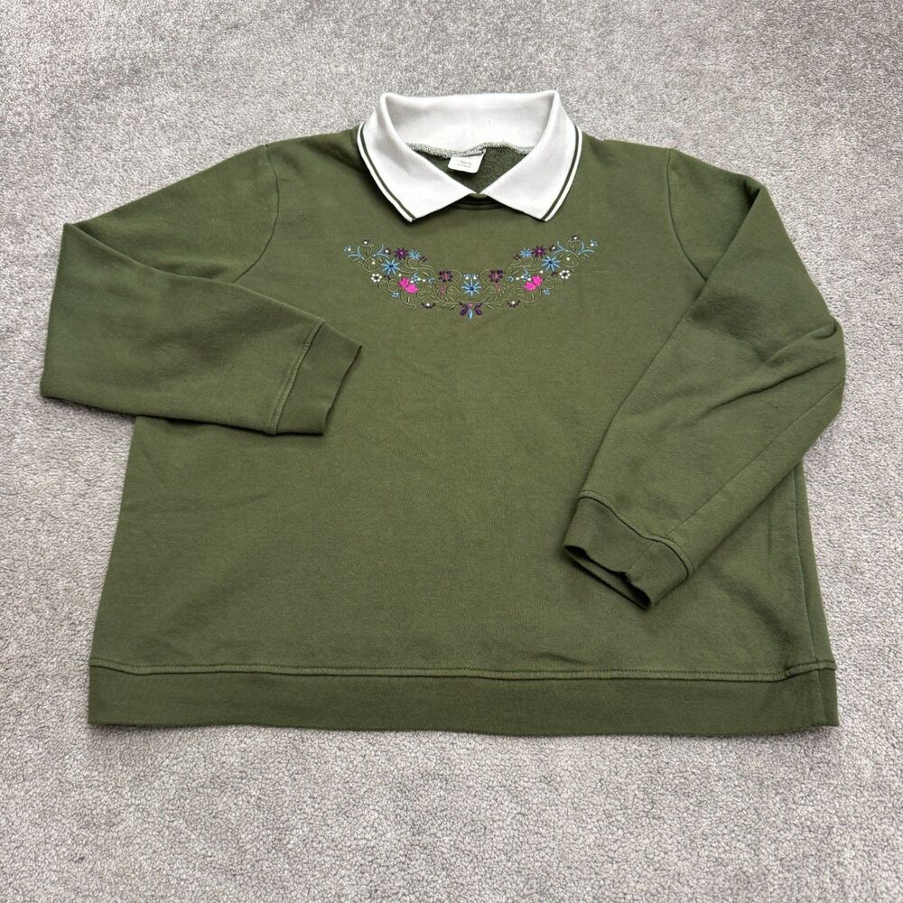 Adrian Delafield Embroidered Collared Pullover Sweatshirt Womens XL Petite Green